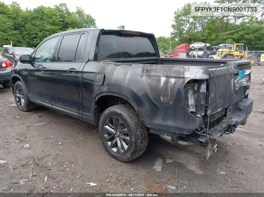 2022 Honda Ridgeline Sport VIN: 5FPYK3F1CNB001753 Lot: 42498578
