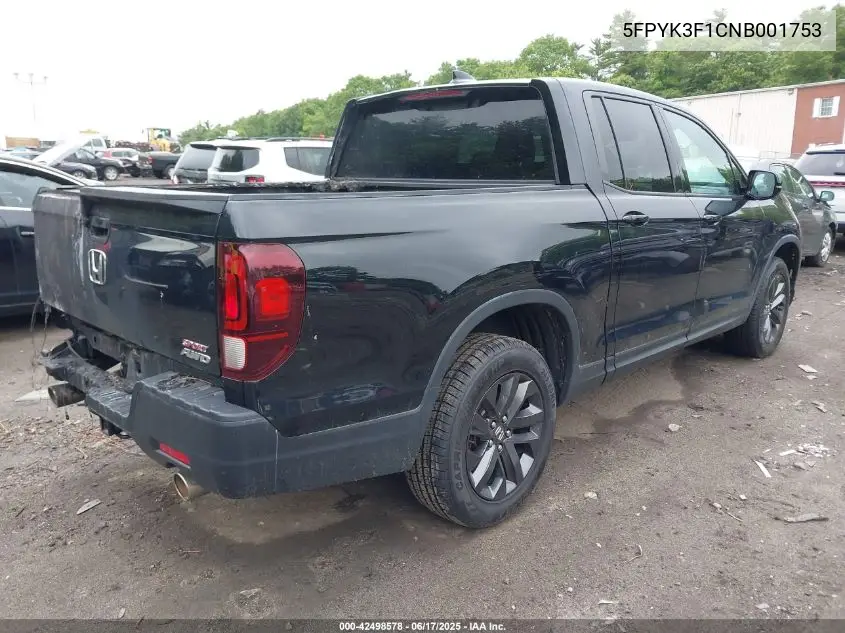 2022 Honda Ridgeline Sport VIN: 5FPYK3F1CNB001753 Lot: 42498578