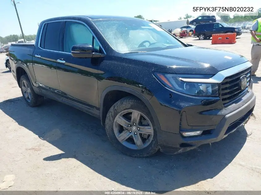 2022 Honda Ridgeline Rtl-E VIN: 5FPYK3F75NB020232 Lot: 42549034