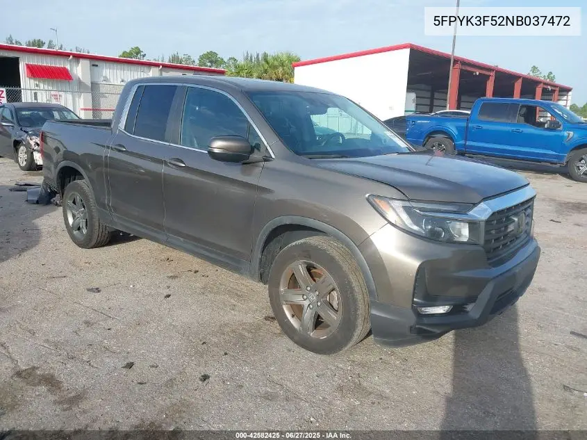 2022 Honda Ridgeline Rtl VIN: 5FPYK3F52NB037472 Lot: 42582425