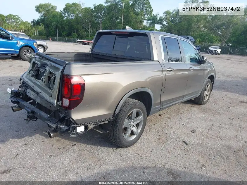 2022 Honda Ridgeline Rtl VIN: 5FPYK3F52NB037472 Lot: 42582425