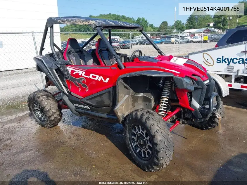 2019 Honda Sxs1000 S2X VIN: 1HFVE0514K4001758 Lot: 42645663