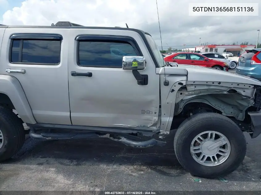 2006 Hummer H3 Suv VIN: 5GTDN136568151136 Lot: 42753633