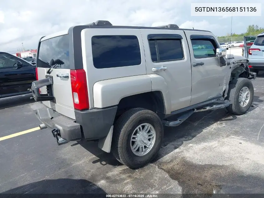 2006 Hummer H3 Suv VIN: 5GTDN136568151136 Lot: 42753633