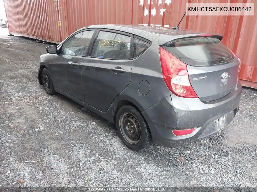 2012 Hyundai Accent Gls/Gs VIN: KMHCT5AEXCU006442 Lot: 12295847
