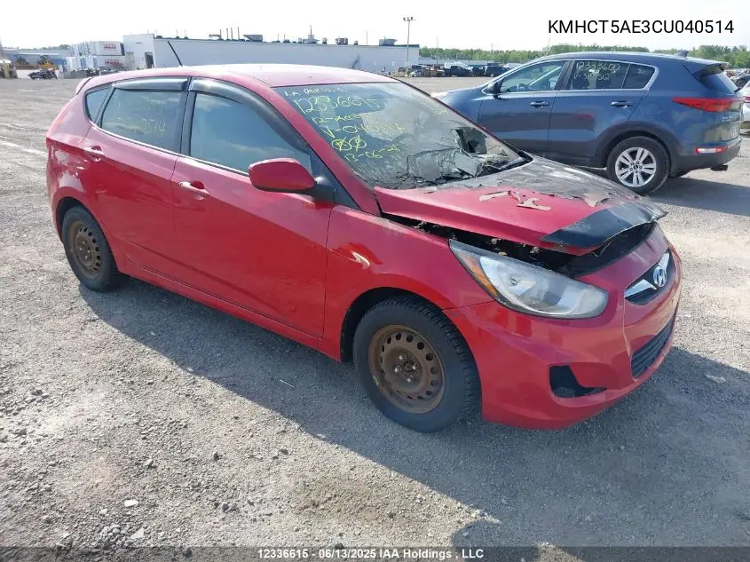 2012 Hyundai Accent Gls/Gs VIN: KMHCT5AE3CU040514 Lot: 12336615