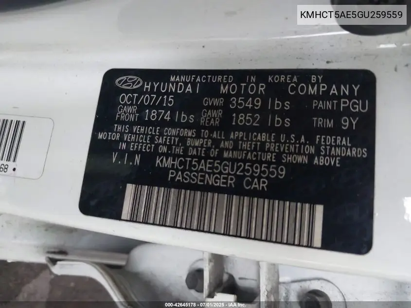 kmhct5ae5gu259559 KMHCT5AE5GU259559 2016 Hyundai Accent Se