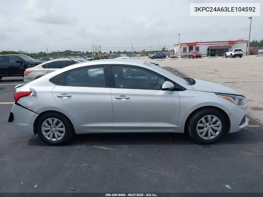 2020 Hyundai Accent Se VIN: 3KPC24A63LE104592 Lot: 42616408