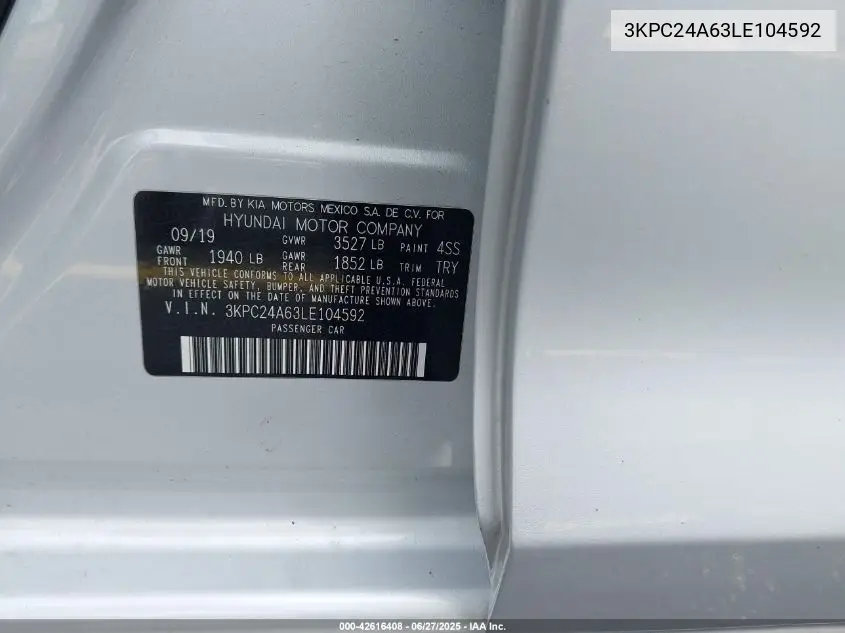 2020 Hyundai Accent Se VIN: 3KPC24A63LE104592 Lot: 42616408