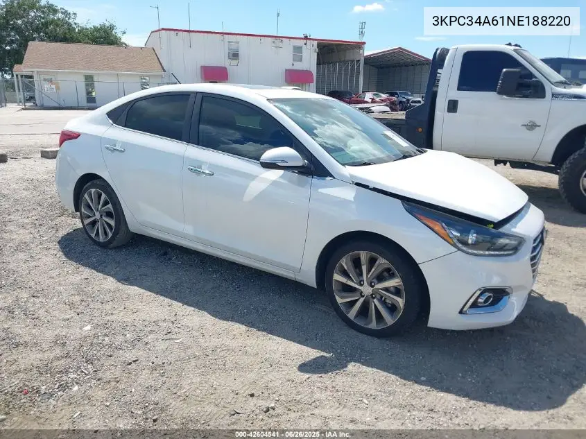 2022 Hyundai Accent Limited VIN: 3KPC34A61NE188220 Lot: 42604541