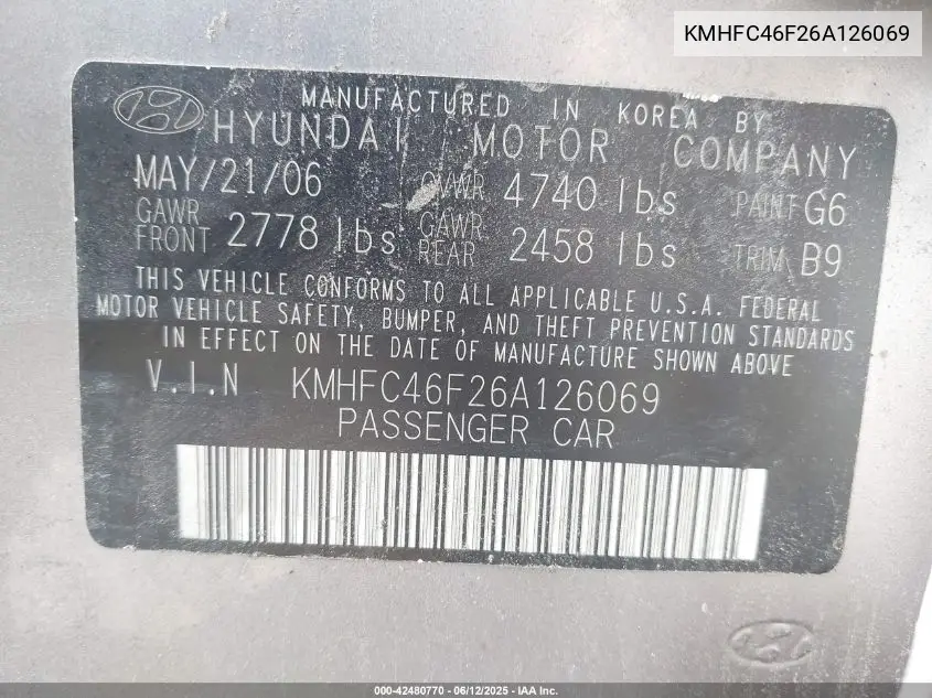 2006 Hyundai Azera Limited/Se VIN: KMHFC46F26A126069 Lot: 42480770