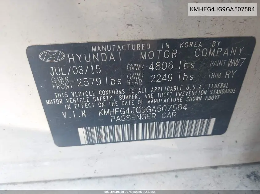 2016 Hyundai Azera VIN: KMHFG4JG9GA507584 Lot: 42649350