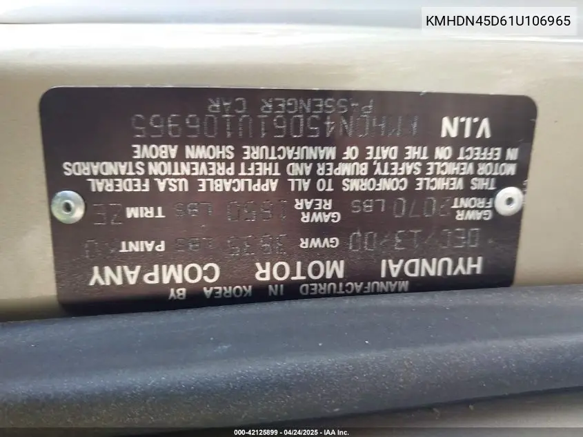 2001 Hyundai Elantra Gls VIN: KMHDN45D61U106965 Lot: 42125899