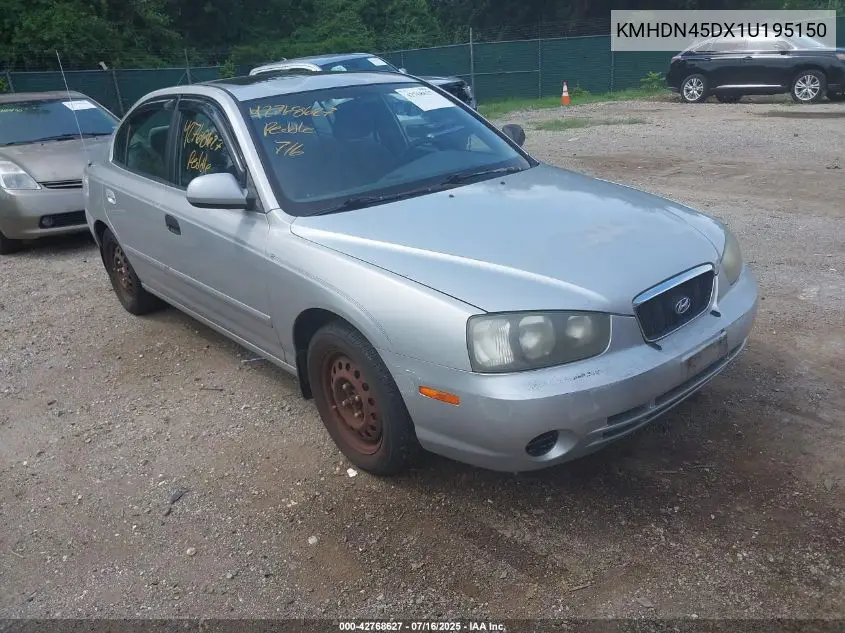2001 Hyundai Elantra Gls VIN: KMHDN45DX1U195150 Lot: 42768627