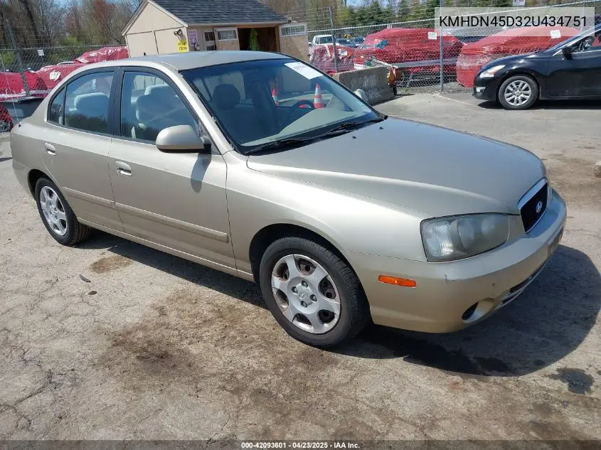 2002 Hyundai Elantra Gls VIN: KMHDN45D32U434751 Lot: 42093601