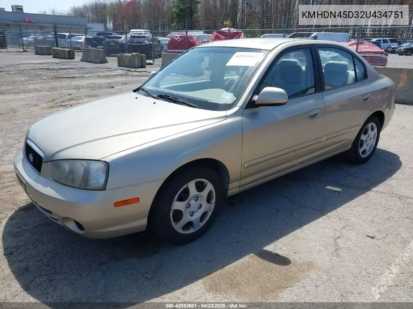 2002 Hyundai Elantra Gls VIN: KMHDN45D32U434751 Lot: 42093601