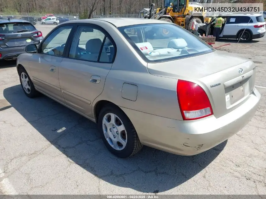 2002 Hyundai Elantra Gls VIN: KMHDN45D32U434751 Lot: 42093601