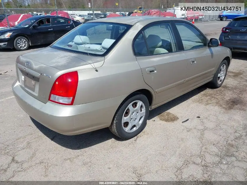 2002 Hyundai Elantra Gls VIN: KMHDN45D32U434751 Lot: 42093601