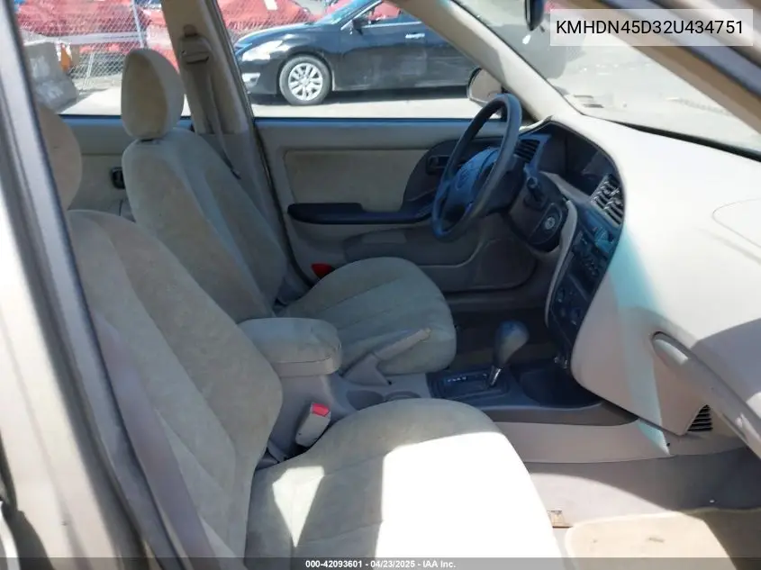 2002 Hyundai Elantra Gls VIN: KMHDN45D32U434751 Lot: 42093601