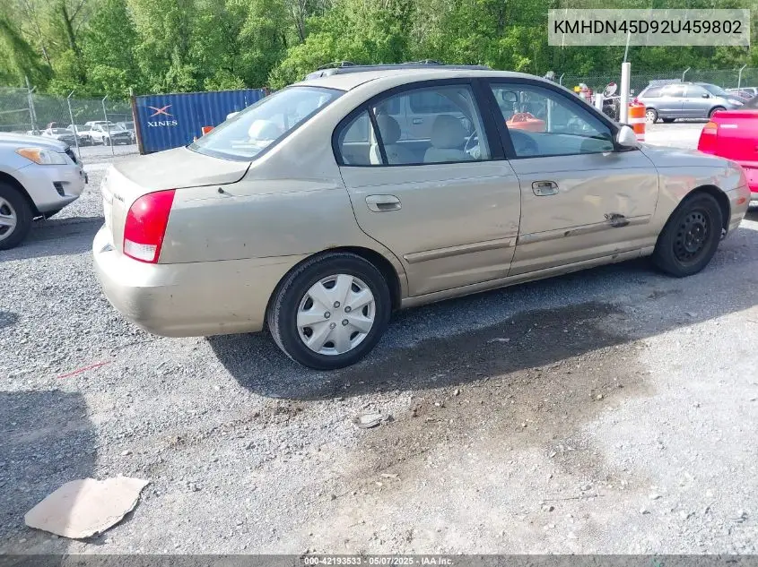 2002 Hyundai Elantra Gls VIN: KMHDN45D92U459802 Lot: 42193533