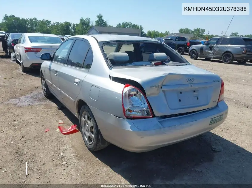2002 Hyundai Elantra Gls VIN: KMHDN45D32U378388 Lot: 42559121