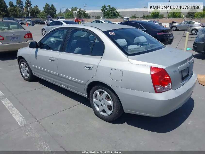 2004 Hyundai Elantra Gls/Gt VIN: KMHDN46D74U781436 Lot: 42260519