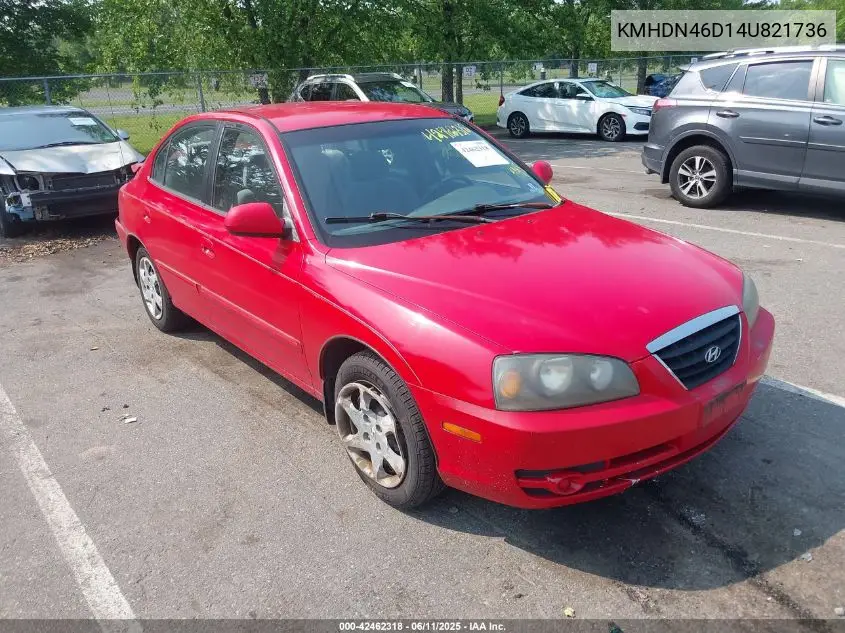 2004 Hyundai Elantra Gls/Gt VIN: KMHDN46D14U821736 Lot: 42462318