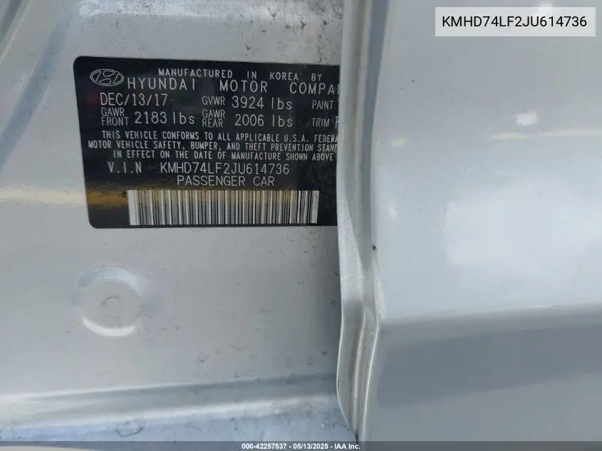 2018 Hyundai Elantra Se VIN: KMHD74LF2JU614736 Lot: 42257537