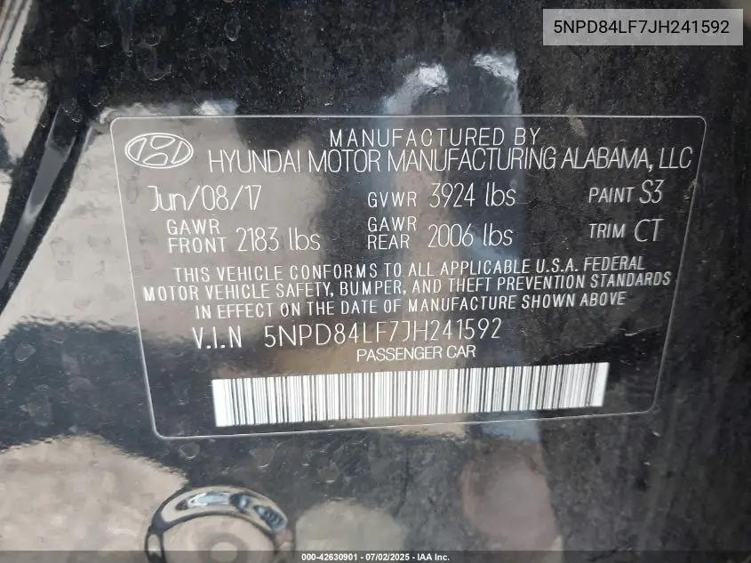2018 Hyundai Elantra Sel VIN: 5NPD84LF7JH241592 Lot: 42630901