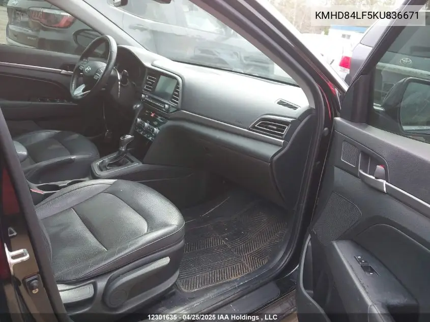 2019 Hyundai Elantra Ultimate VIN: KMHD84LF5KU836671 Lot: 12301635