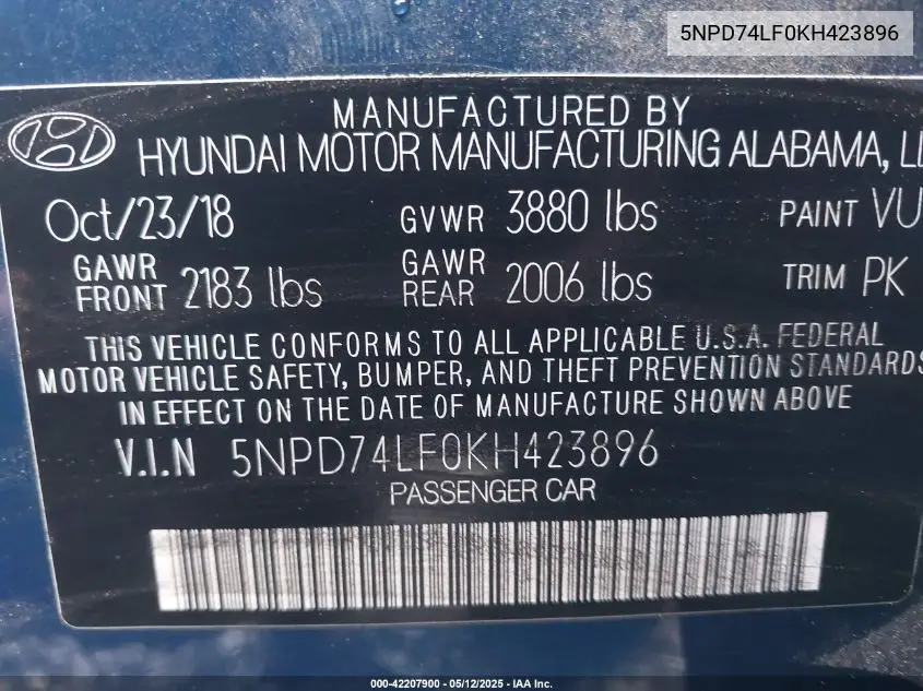 2019 Hyundai Elantra Se VIN: 5NPD74LF0KH423896 Lot: 42207900
