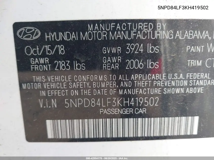 2019 Hyundai Elantra Sel VIN: 5NPD84LF3KH419502 Lot: 42594176