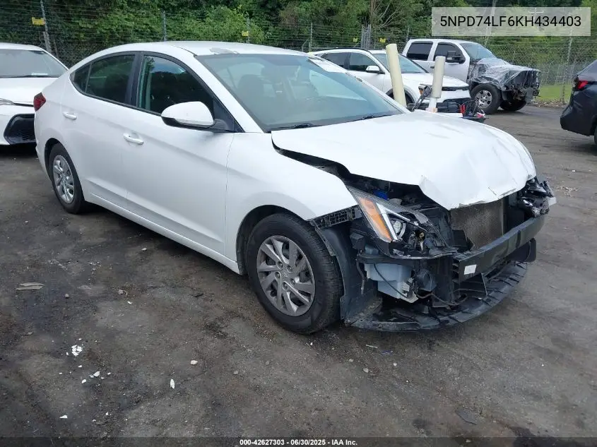 2019 Hyundai Elantra Se VIN: 5NPD74LF6KH434403 Lot: 42627303