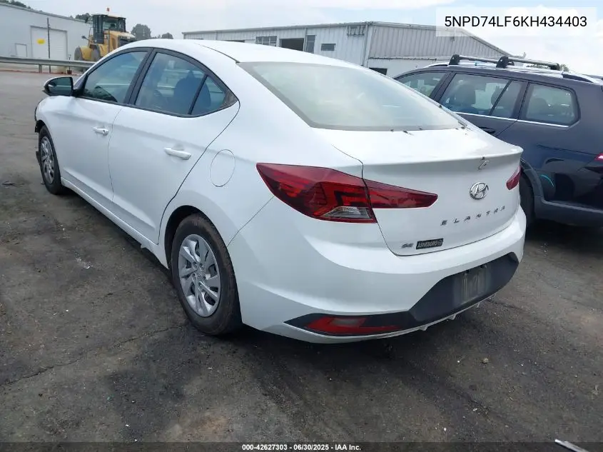 2019 Hyundai Elantra Se VIN: 5NPD74LF6KH434403 Lot: 42627303