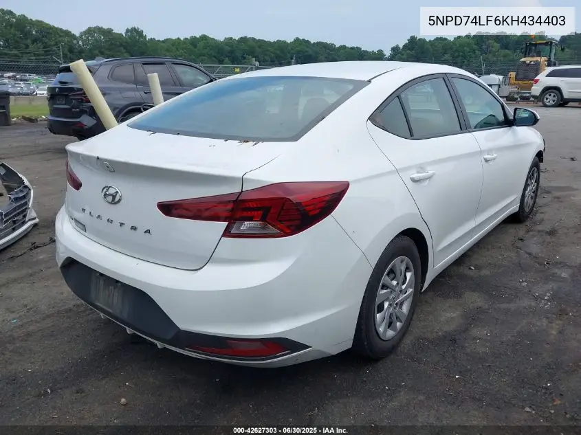 2019 Hyundai Elantra Se VIN: 5NPD74LF6KH434403 Lot: 42627303