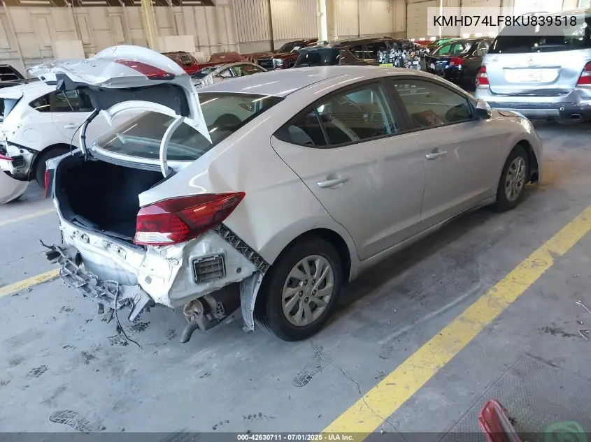 2019 Hyundai Elantra Se VIN: KMHD74LF8KU839518 Lot: 42630711