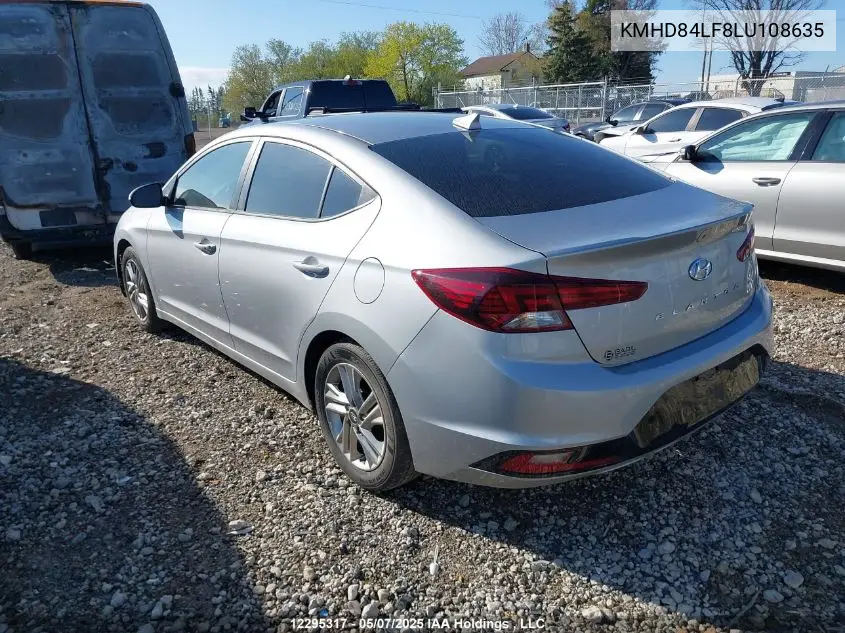 2020 Hyundai Elantra Sel/Value/Limited VIN: KMHD84LF8LU108635 Lot: 12295317
