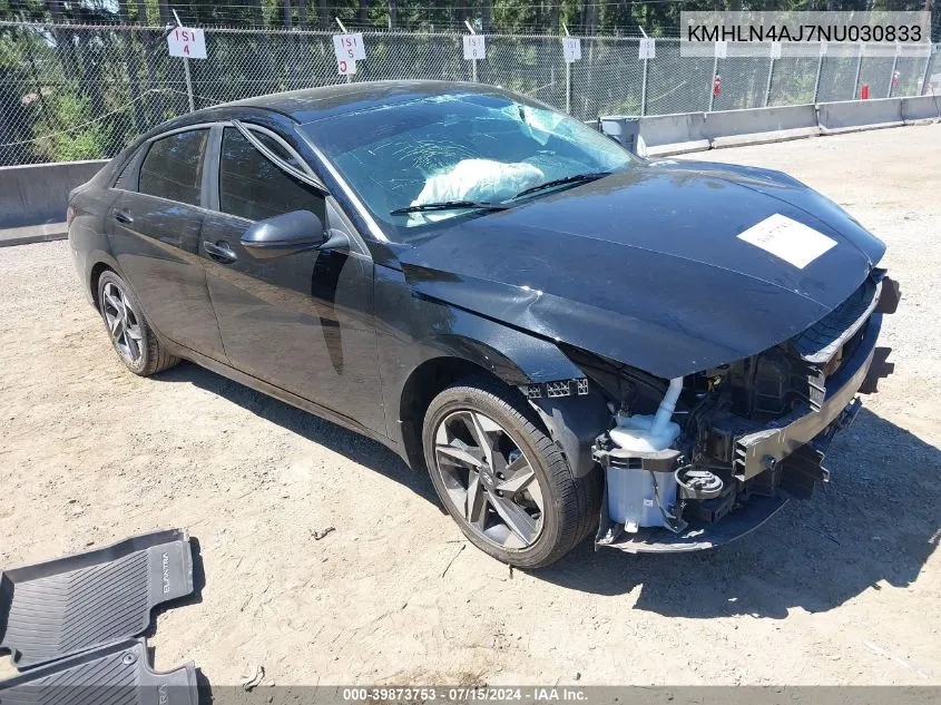 2022 Hyundai Elantra Hybrid Limited VIN: KMHLN4AJ7NU030833 Lot: 39873753