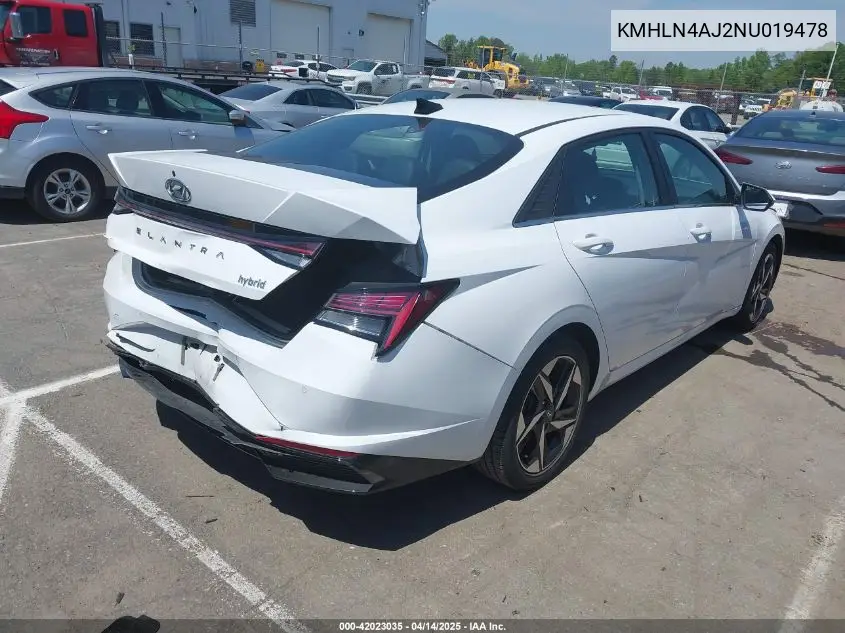 2022 Hyundai Elantra Hybrid Limited VIN: KMHLN4AJ2NU019478 Lot: 42023035