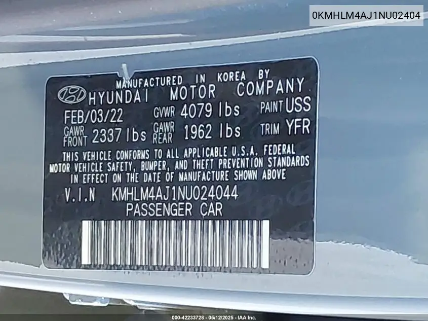 2022 Hyundai Elantra Blue VIN: 0KMHLM4AJ1NU02404 Lot: 42233728