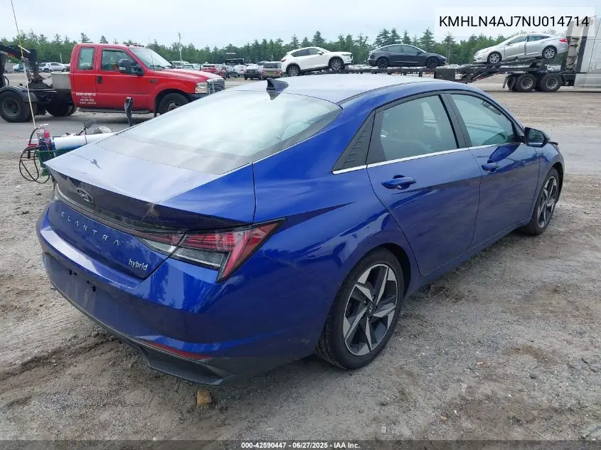 2022 Hyundai Elantra Hybrid Limited VIN: KMHLN4AJ7NU014714 Lot: 42590447