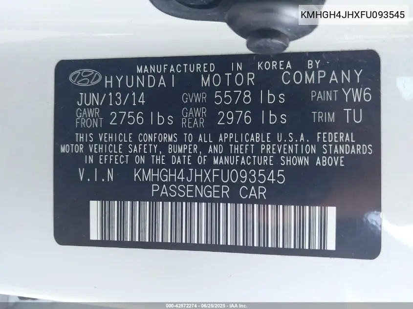 2015 Hyundai Equus Ultimate VIN: KMHGH4JHXFU093545 Lot: 42572274