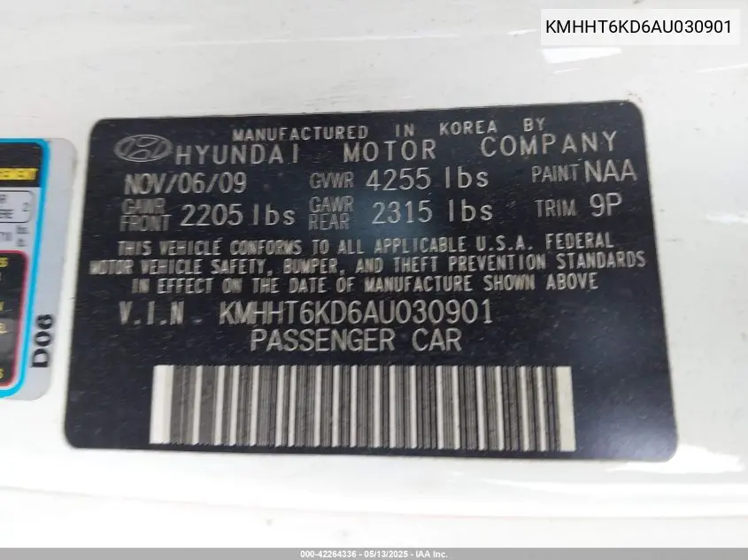 2010 Hyundai Genesis 2.0T Premium VIN: KMHHT6KD6AU030901 Lot: 42264336