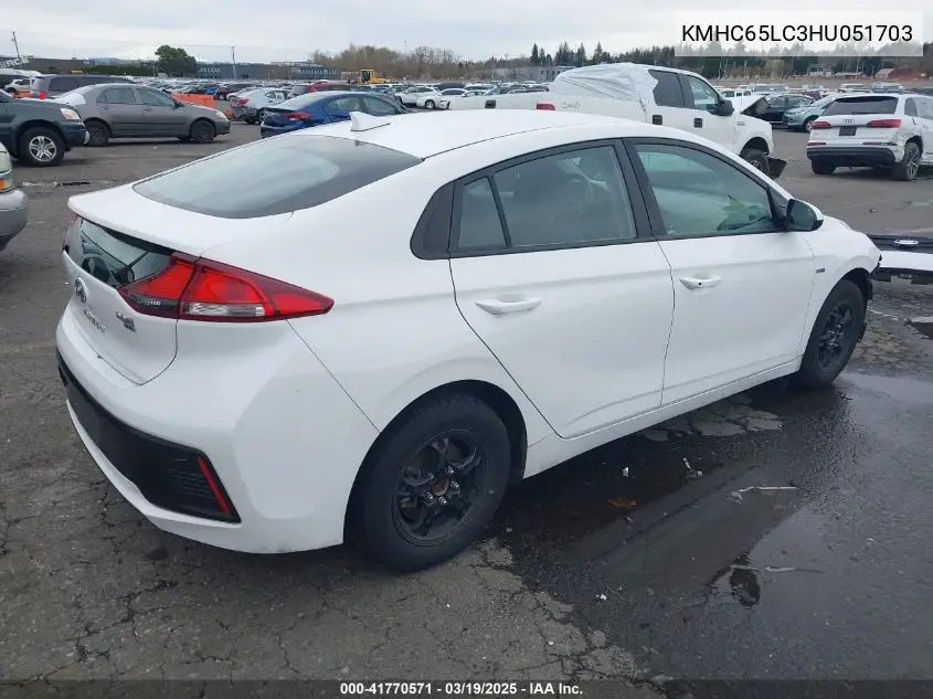 2017 Hyundai Ioniq Hybrid Blue VIN: KMHC65LC3HU051703 Lot: 41770571