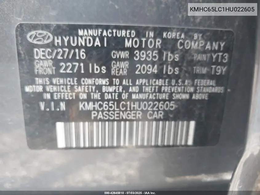 2017 Hyundai Ioniq Hybrid Blue VIN: KMHC65LC1HU022605 Lot: 42645818