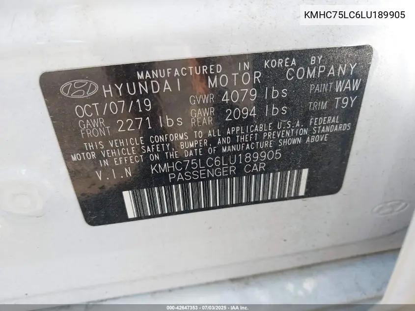 2020 Hyundai Ioniq Se VIN: KMHC75LC6LU189905 Lot: 42647353
