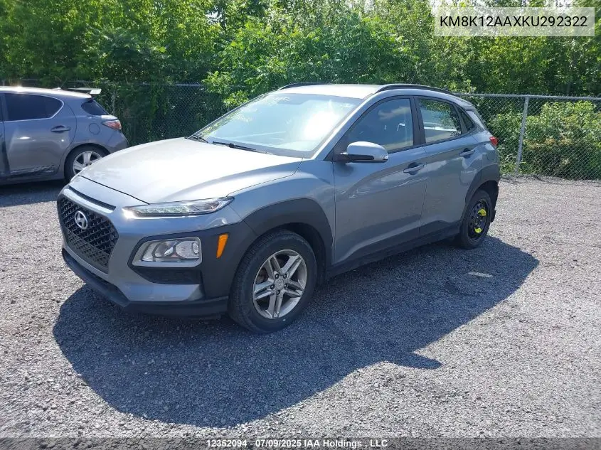 2019 Hyundai Kona 2.0L Essential VIN: KM8K12AAXKU292322 Lot: 12352094