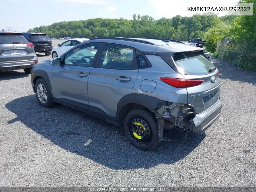 2019 Hyundai Kona 2.0L Essential VIN: KM8K12AAXKU292322 Lot: 12352094