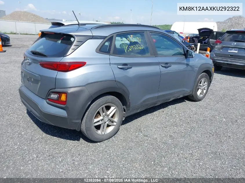 2019 Hyundai Kona 2.0L Essential VIN: KM8K12AAXKU292322 Lot: 12352094