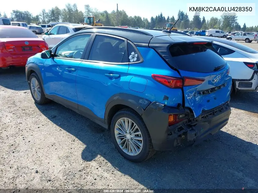2020 Hyundai Kona Sel VIN: KM8K2CAA0LU428350 Lot: 42615534